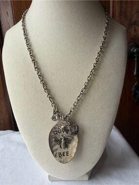 Queen Bee Pendant Necklace Crown Charm Rhinestone Antique Silver Tone